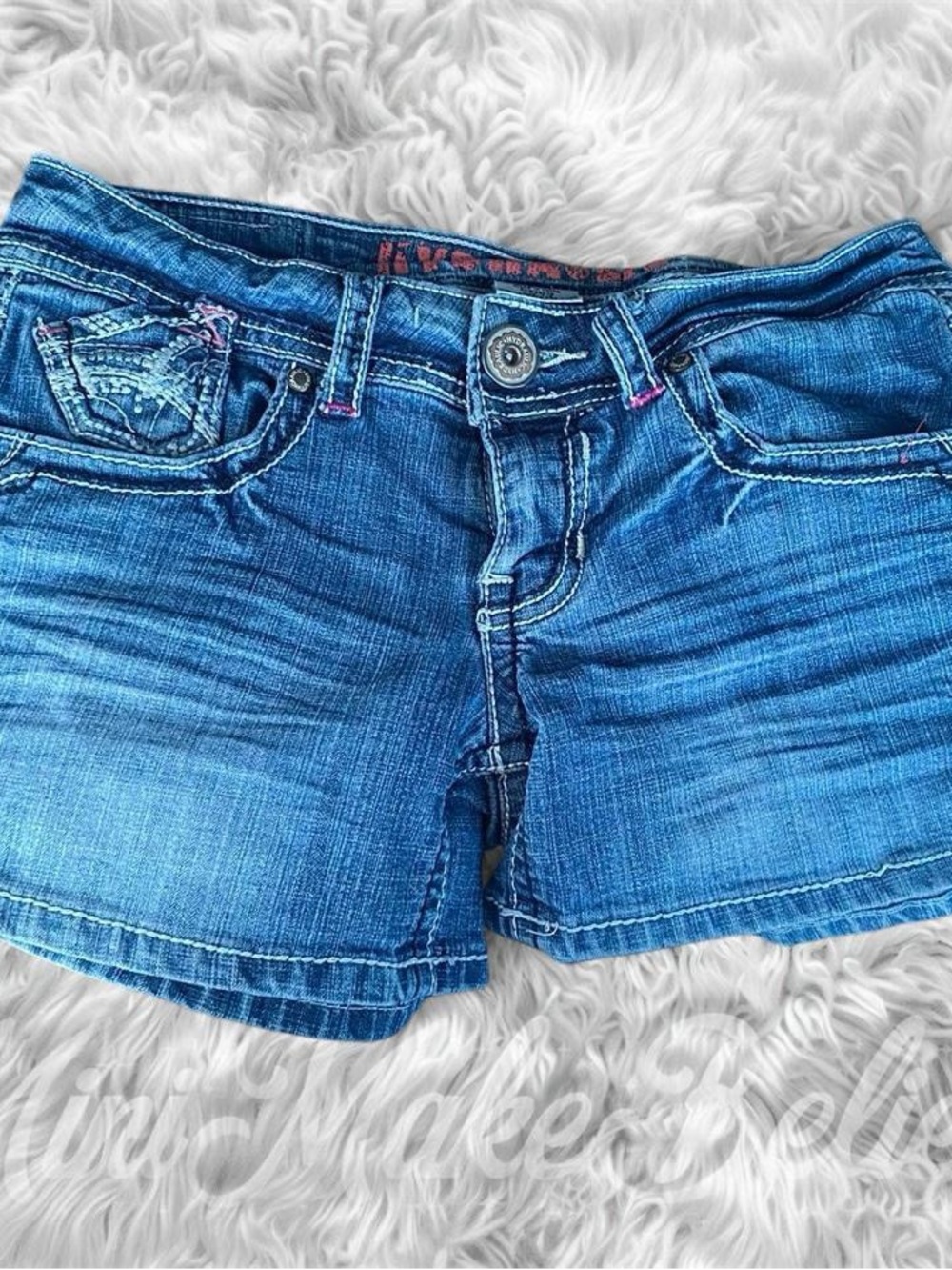 Hydraulic Blue Denim Jean Shorts with Pink Stitching Accents